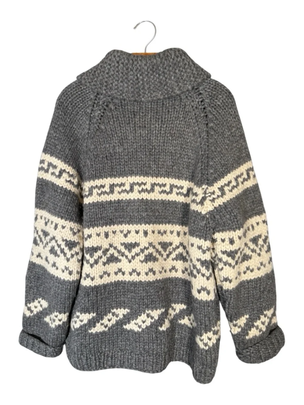 Vintage Grey Cream Cowichan Wool Caridgan Sweater Thick L - Picture 2 of 5